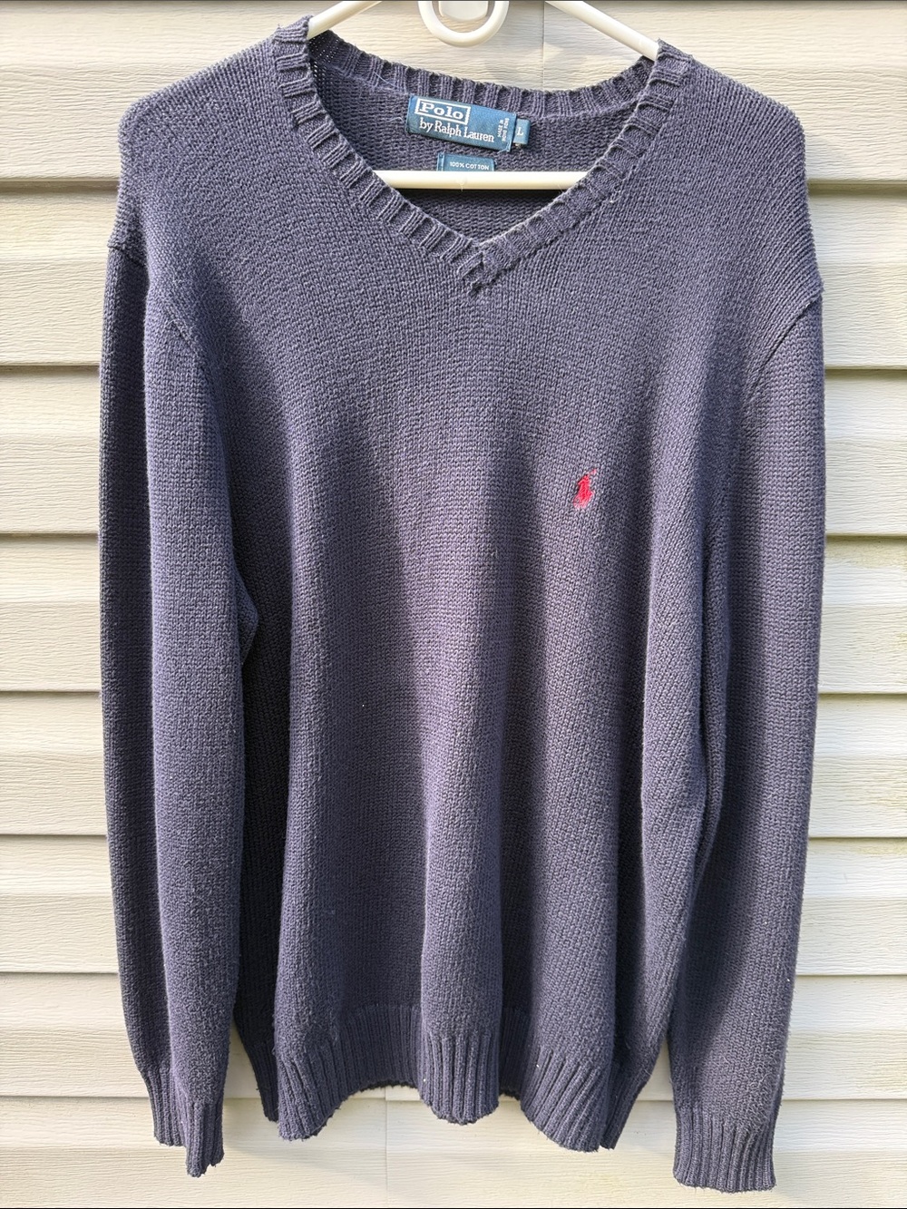 Polo Ralph Lauren Mens V-Neck Chunky Knit Cotton Sweater Navy Blue Large